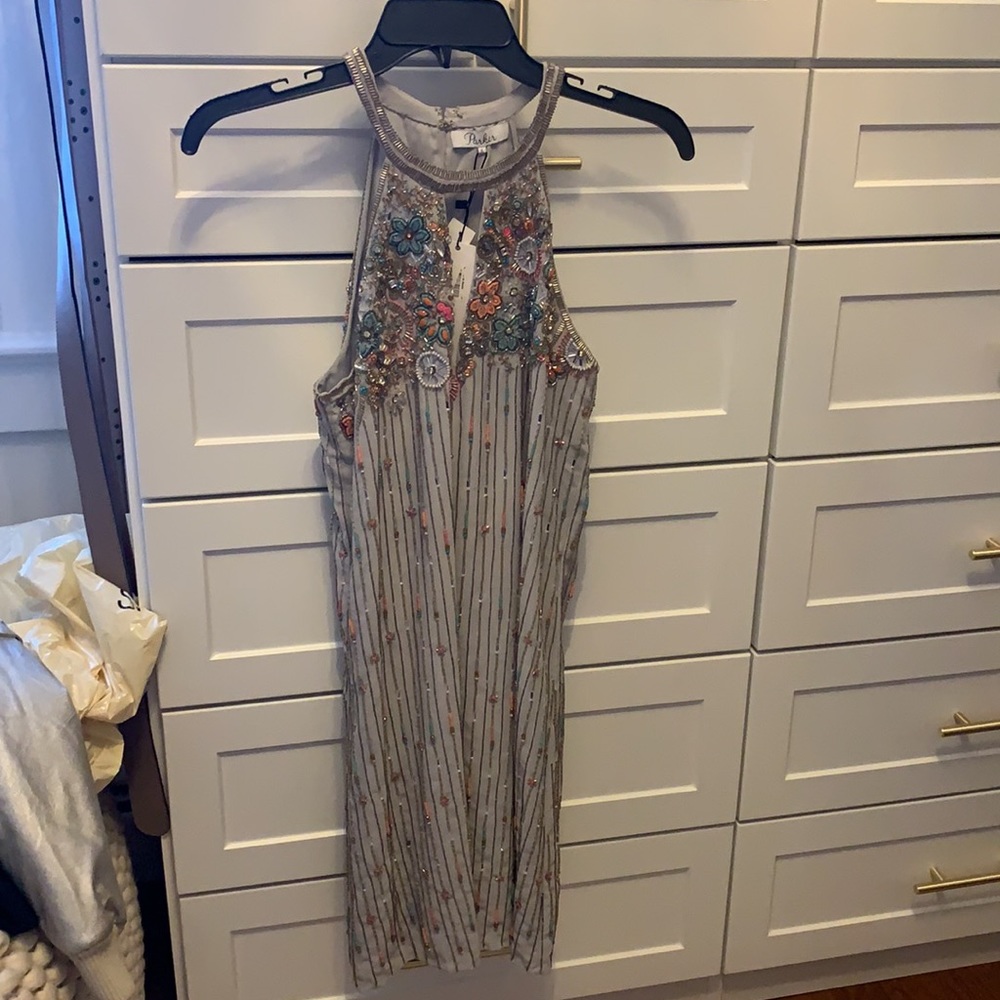 NEW Parker Beaded Dress with open front and back. Tags attached. Size small